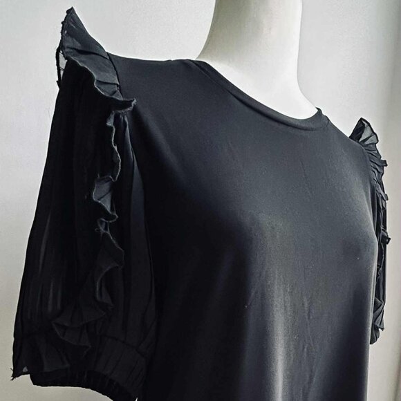 Anne Klein Black Stretch Knit Crewneck Top with Pleated Chiffon Sleeves – US L - Picture 2 of 12